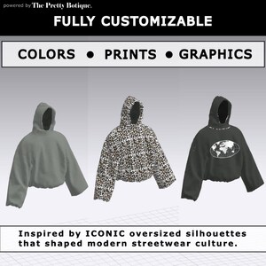 May include: Three hooded sweatshirts in different colors and patterns. The first is solid gray, the second has a leopard print, and the third is dark green with a graphic. Text on the image says "FULLY CUSTOMIZABLE" and "COLORS &bull; PRINTS &bull; GRAPHICS."