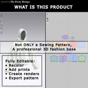 May include: A digital image showcasing a white hoodie design. Text overlay reads "WHAT IS THIS PRODUCT" and "Not ONLY a Sewing Pattern, A professional 3D fashion base." Additional text highlights features: recolor, add prints, create renders, and export pattern.