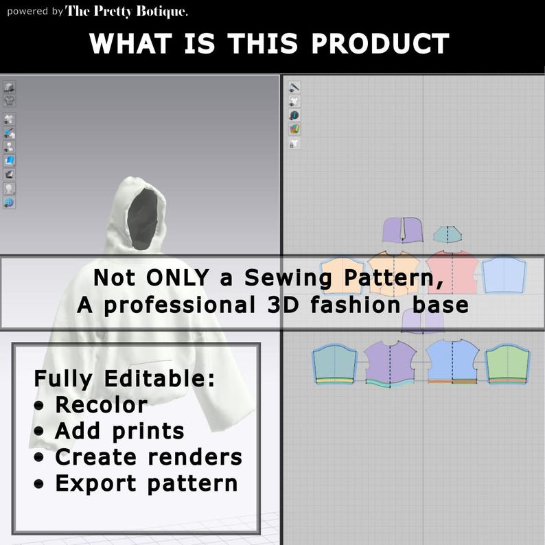 May include: A digital image showcasing a white hoodie design. Text overlay reads "WHAT IS THIS PRODUCT" and "Not ONLY a Sewing Pattern, A professional 3D fashion base." Additional text highlights features: recolor, add prints, create renders, and export pattern.