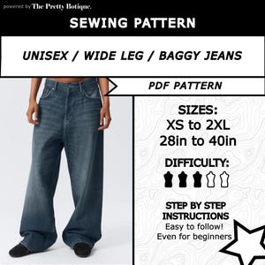 Baggy Jeans Sewing Pattern PDF – Unisex DIY Wide Leg Pants – Oversized Denim Trousers Printable Sewing Project – Man Woman Streetwear Pants