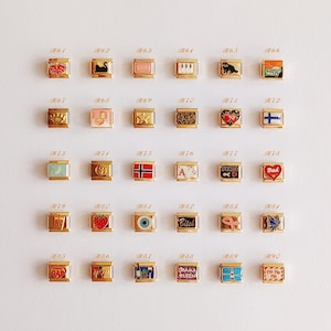 Puede incluir: Una colecci&oacute;n de treinta eslabones modulares rectangulares de tono dorado para pulsera, dispuestos en seis filas de cinco. Cada eslab&oacute;n presenta un dise&ntilde;o de esmalte &uacute;nico, incluyendo corazones, banderas, animales, texto y alimentos, etiquetados con c&oacute;digos H61 a H90.