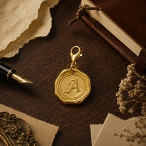 May include: A gold-toned metal charm shaped like a wax seal, featuring a raised letter A in the center. The charm includes a lobster claw clasp at the top, allowing it to be attached to various items. The surface has a polished, reflective finish.