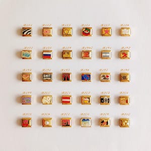 Puede incluir: Una colecci&oacute;n de treinta eslabones modulares para pulsera en tono dorado, dispuestos en cinco filas de seis. Cada eslab&oacute;n presenta un dise&ntilde;o &uacute;nico en esmalte o metal, incluyendo s&iacute;mbolos, banderas, textos como 'SHIT HAPPENS' y 'Be Mine'.