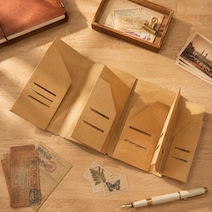 Puede incluir: Un organizador de papel color canela con múltiples pliegues que presenta varios bolsillos en ángulo con ranuras horizontales para tarjetas o documentos. El organizador está construido a partir de una sola hoja de material marrón claro.