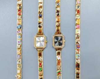 Gold Italian Bracelet, Custom Gold Italy Charms Watch, Personalized Italian Bracelet Charms, Italy Bracelet Watch