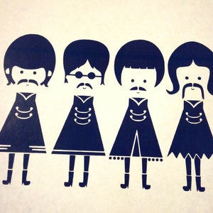 May include: Four black and white silhouette figures of people with simple facial features, wearing long coats with buttons and boots. The figures are arranged in a row.