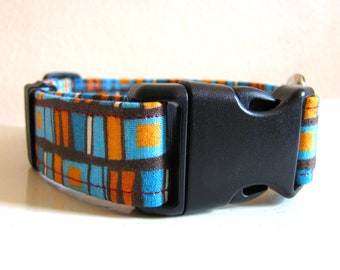 SALE - Vintage Inspired Brown Orange Blue Squares Dog Collar - Size S/M