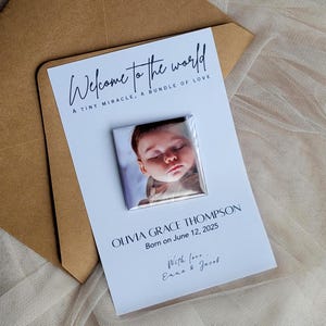 Birth Announcement Photo Magnet with Cardstock, Premium Round Magnet, Personalized Fridge & Locker Magnets, Premium Cardstock, Button Magnet
