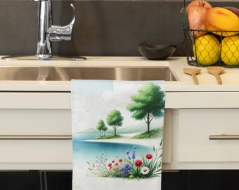 May include: White kitchen towel featuring a watercolor landscape with a blue lake, green trees, and colorful wildflowers. The towel is hanging on a white cabinet door, with a stainless steel faucet and sink in the background.