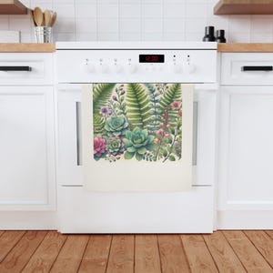 Katoenen theedoek van succulent en varens, milieuvriendelijke keukenhanddoek, botanisch ontwerp, uniek cadeau, op de natuur geïnspireerd interieur