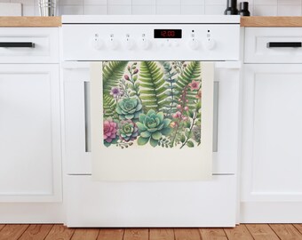 Succulent and Fern Cotton Tea Towel, Eco-Friendly Kitchen Towel, Botanical Design, Unique Gift, Nature-Inspired Home Decor