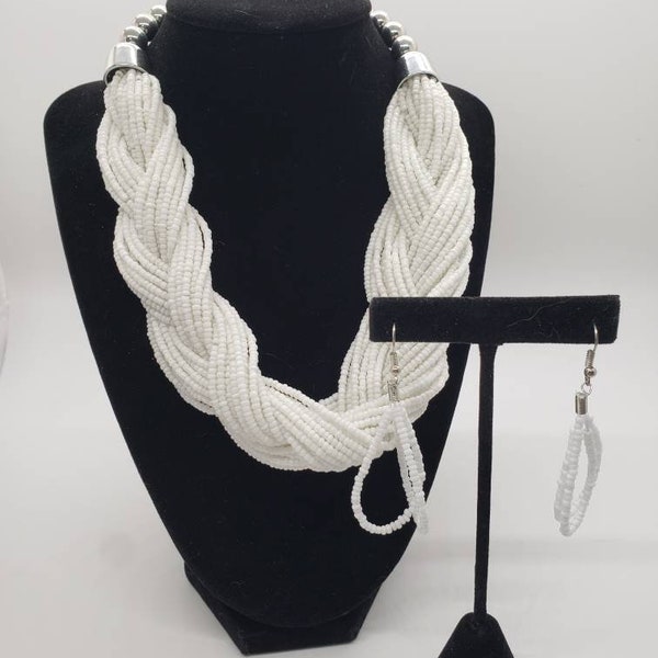 Braided White Seed Bead Necklace and Earrings