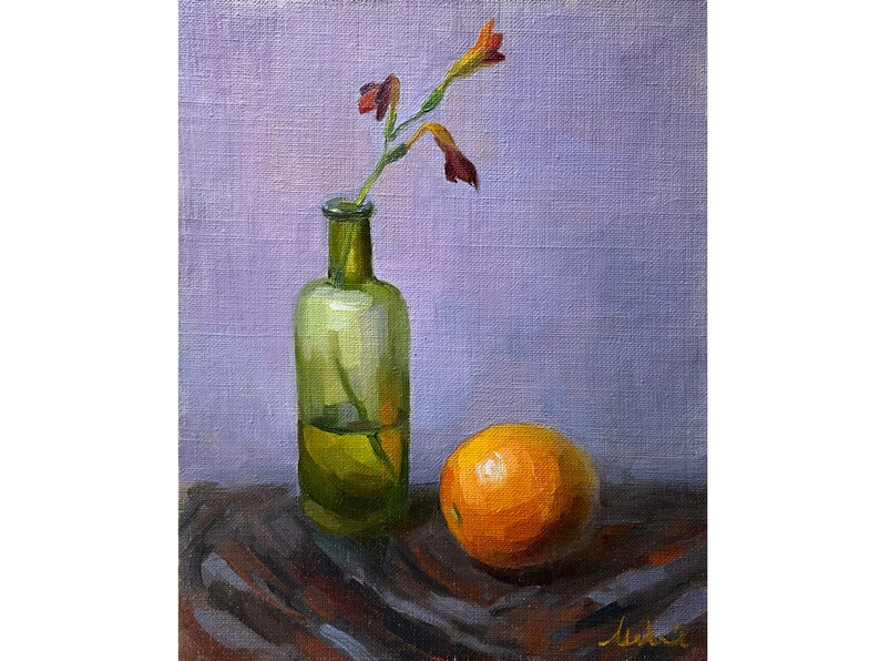 Original Oil Painting Still Life With Orange and Green Bottle Fine Art ...