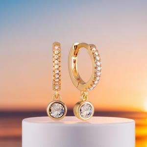 Chic Gold Huggie Hoops, Round Cut CZ Dangle Charm, Dainty Minimalist Earrings for Women & Girls Trending Item