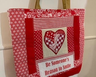 Appliqué heart patchwork tote bag - ‘Be someone’s reason to smile’ slogan