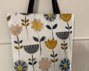 Retro flowers handmade quilted tote bag