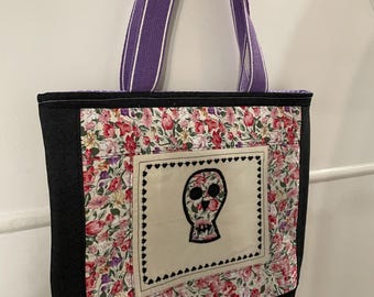 Appliqué floral skull design - handmade tote bag