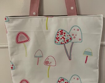 Embroidered toadstool/mushroom - handmade  tote shopping bag (pink spot back)