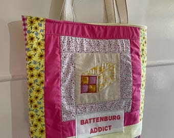 Appliqué battenburg cake patchwork tote bag - ‘battenburg addict’ slogan