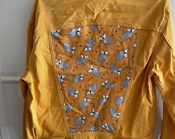 Upcycled mustard denim jacket - Koala Bear theme