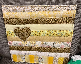 Handmade (One Of A Kind) Yellow Heart Patchwork Cushion Cover