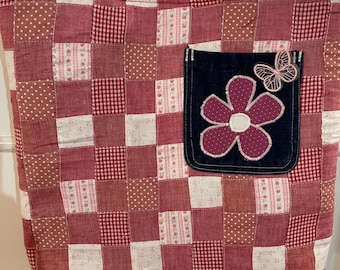 Patchwork design shoulder tote bag with flower pocket detail
