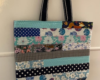 Blue striped patchwork tote bag
