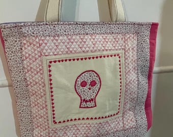 Appliqué pink floral skull design - handmade tote bag