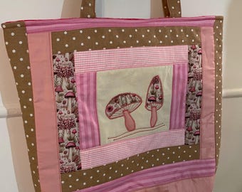Appliqué toadstool/mushroom patchwork tote shopping bag #1