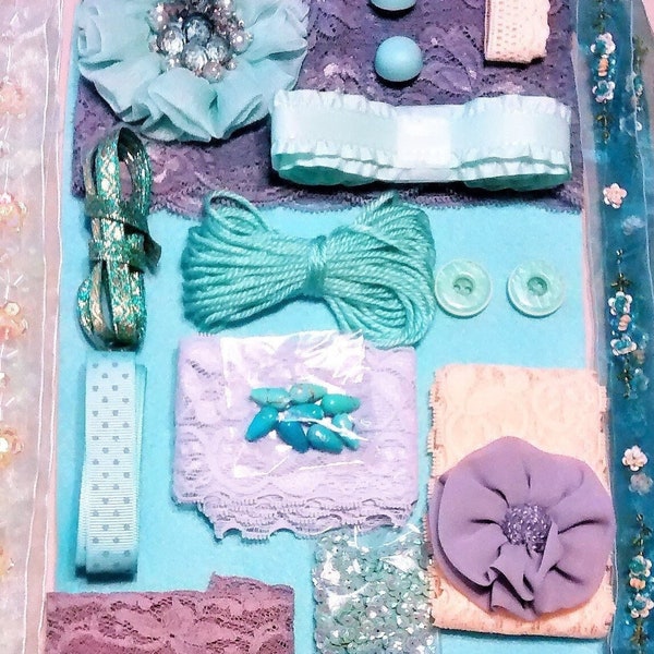 CP-103: Huge Crafting Pack of Wonder-full of Teal, Peach, Lavender, Elegant Lace, Ribbons, Sequins, Rhinestones, Beads, and Shiny Things