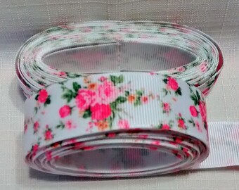 LR-155: White with Pink Roses Grosgrain Ribbon