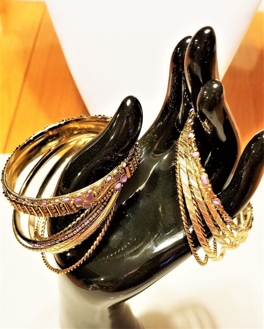 Enzo Gold-Tone Bangle with Purple Crystal Starburst Accents OJB-171: A Set (15) of Gold Tone Bangle Bracelets Some With  main image 2