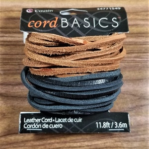 May include: A package of brown and black leather cord, labeled "cord BASICS" and "Leather Cord. Lacet de cuir. Cordón de cuero". The package also states "11.8ft/3.6m".