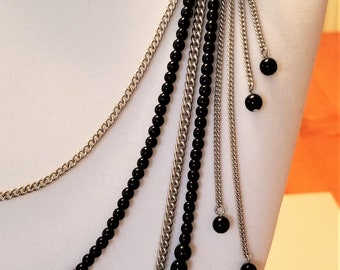 OJN-172: Wonderful Multi-Strand Necklace with Black Beads and Silver Chain. Accents of Chain and Beads on the Side