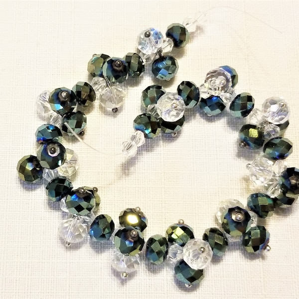 BF-260: Faceted Clear Glass and Teal-Finished Beads, Clear, 4mm Bicone and 8x6mm Faceted Rondelles