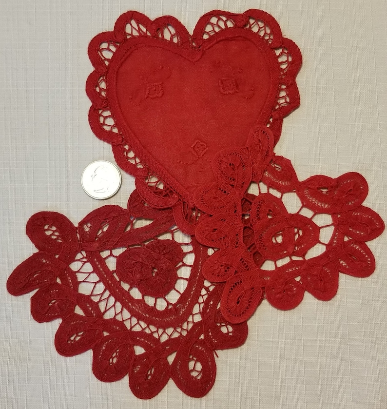 Three Assorted Red LR-168 Battenburg Lace Heart Doilies