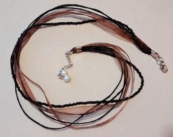 MM-113: Ribbon, Cord, and Bead Necklace with Pearl Extension