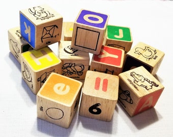 M-141: Vintage Toy Wood Blocks with Letters, Numbers, and Pictures- 12 Assortment in a Pack