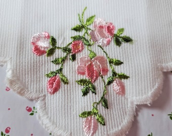 E-255A; A Sweet Applique in Off-White with Pink Embroidered Flowers and Green Leaves