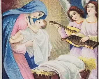 P-125: Vintage Christmas Postcard With Madonna and Baby Serenaded by Angels In Almost Pristine Condition