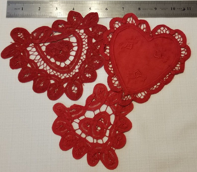 Three Assorted Red LR-168 Battenburg Lace Heart Doilies