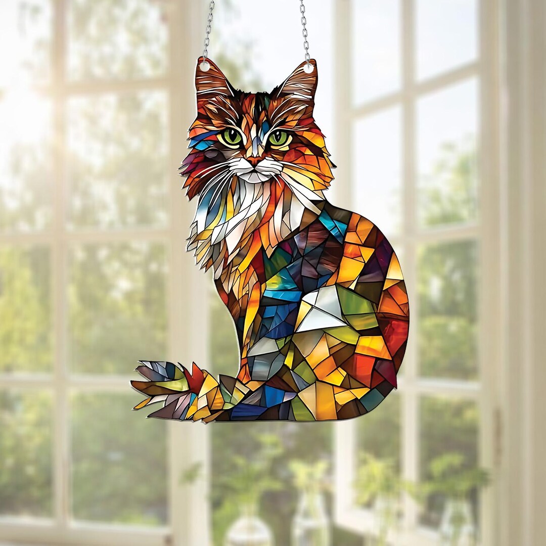 Two Black Cats In Frame Stained Glass Window Hanging Suncatcher . Gift