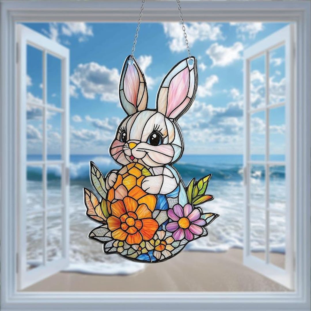 Easter Bunny Window Hanging With Colorful Flowers, Window Hanging ...