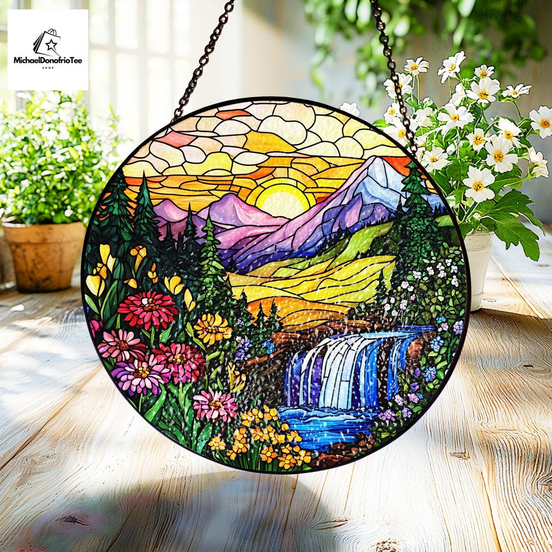 Mountain Waterfall Window Hanging, Stained Glass Inspired Nature Decor ...