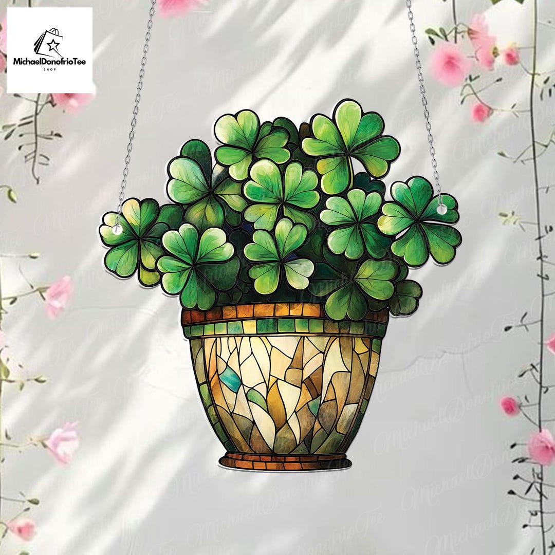 Four-leaf Clover Pot Window Hanging, Stained Glass Acrylic Ornament ...