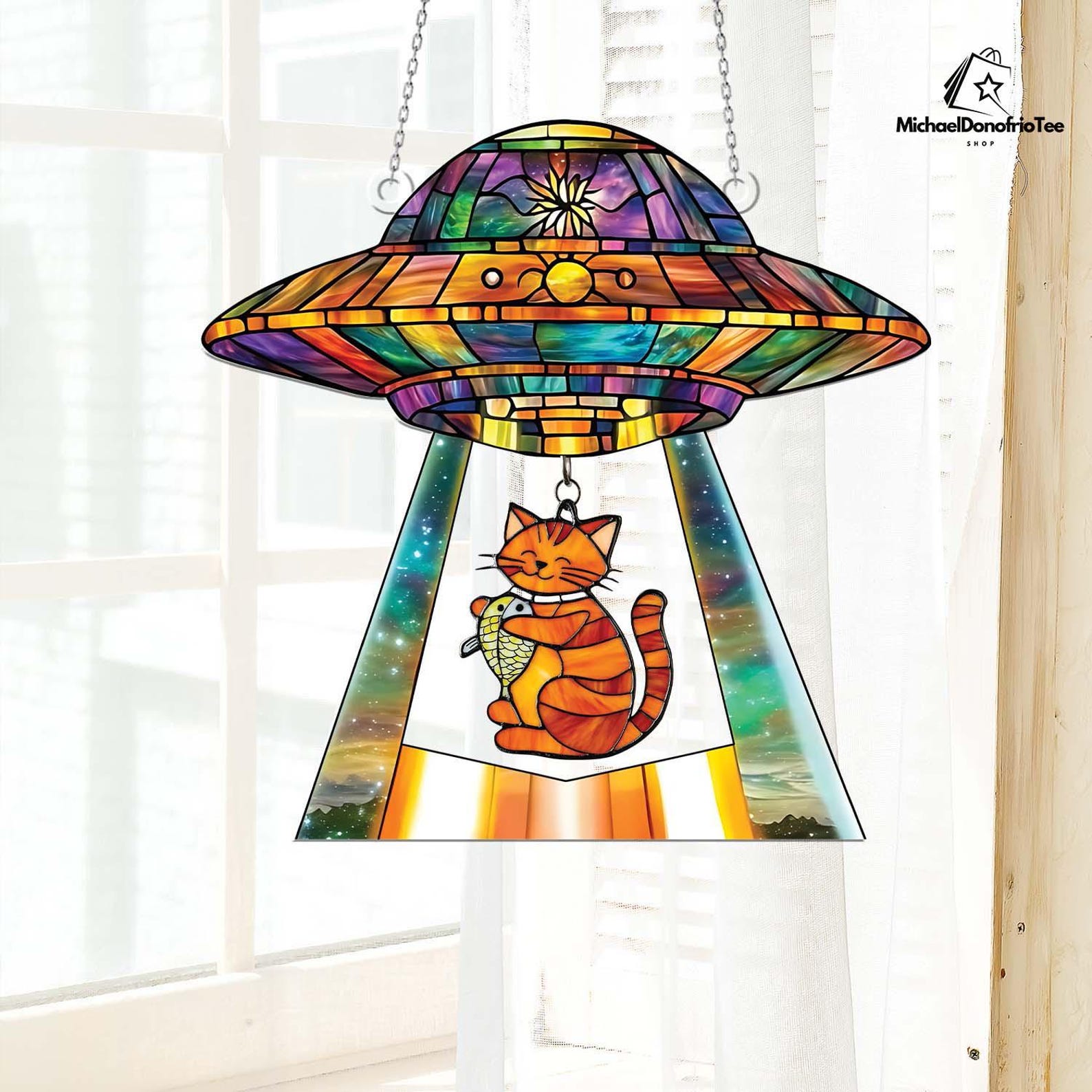 UFO Orange Cat Abduction Acrylic Hanging Sign