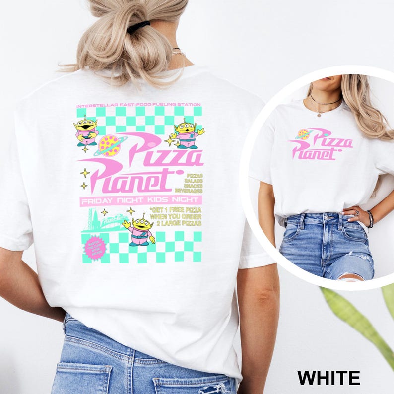 May include: White t-shirt featuring the text "Pizza Planet" in pink and a cartoon alien design. The back of the shirt has additional text and graphics, including the phrase "Friday Night Kids Night."