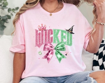 Wicked Movie Shirt, Wicked Faux Glitter Coquette Shirt, Pink Goes Good With Green Shirt, Elphaba Glinda Magical Shirt234465