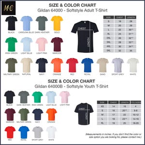 a chart showing the size and color of a t - shirt