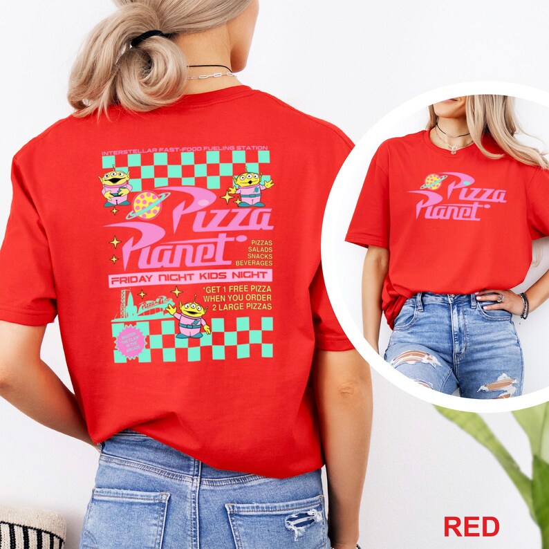 May include: Red t-shirt featuring the Pizza Planet logo and graphics. The back of the shirt has a larger design with the Pizza Planet logo, alien characters, and text that reads "Friday Night Kids Night".